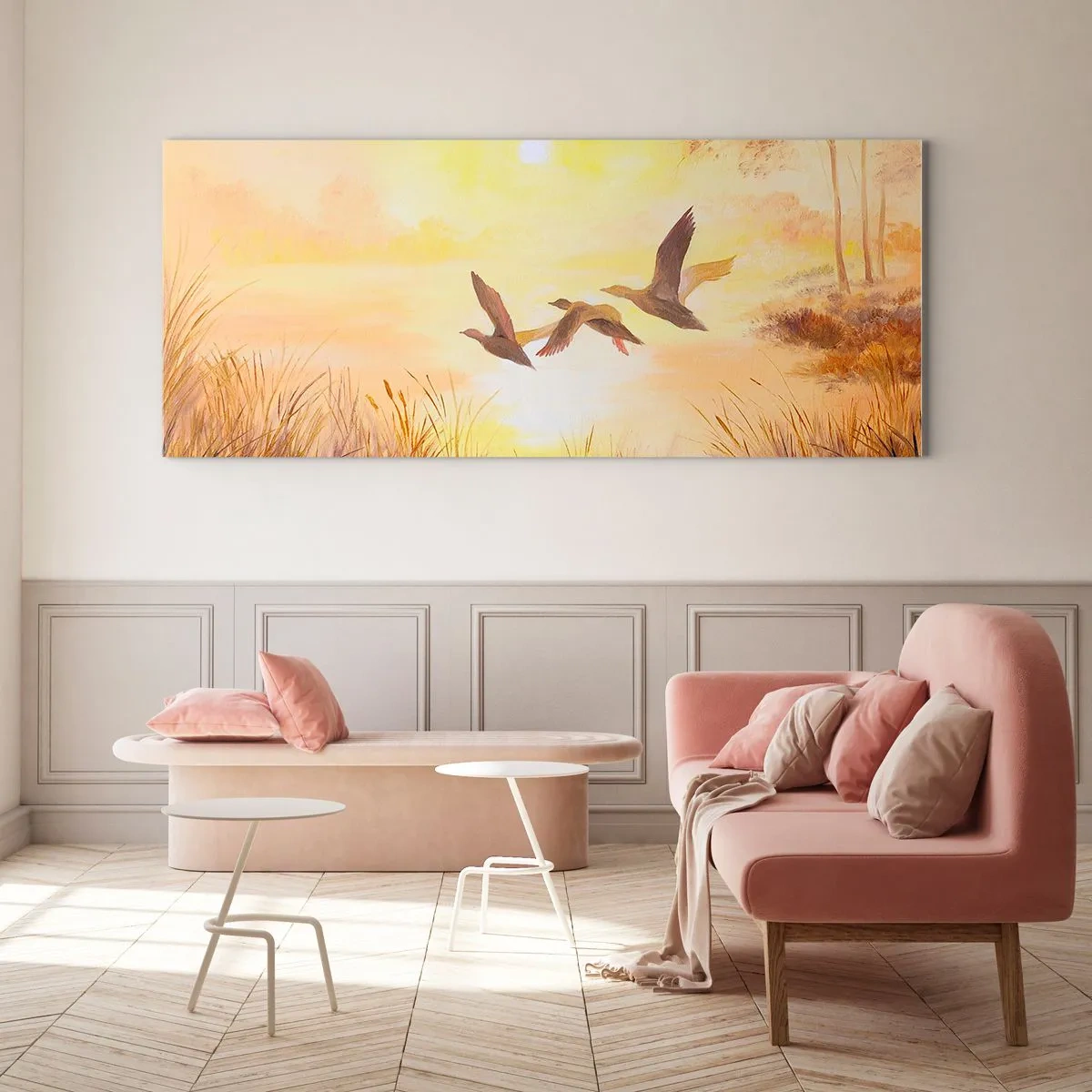 Glasbild - Bild auf glas - Enten fliegen bei Sonnenaufgang über den See - 140x50cm - Der Beginn einer langen Reise - Moderne Wanddekoration für Wohnzimmer und Schlafzimmer ARTTOR