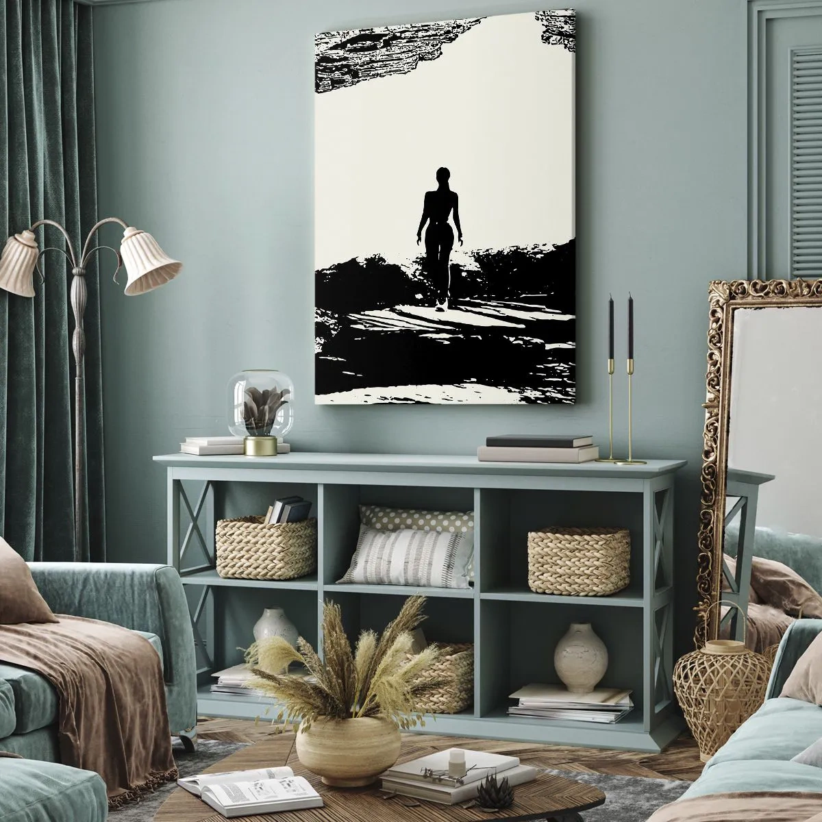 Bild auf Leinwand - Leinwandbild - Schwarz-weiße Silhouette einer Frau in einer Höhle gegen den Himmel - 50x70cm - Neuer Blick - Moderne Wanddekoration für Wohnzimmer und Schlafzimmer ARTTOR