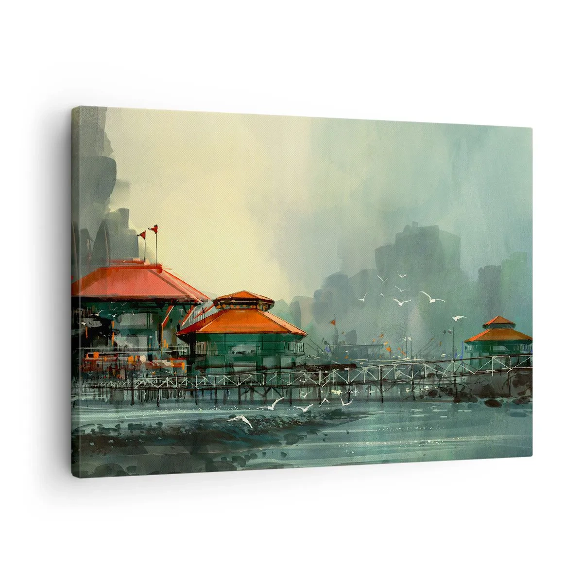 Bild auf Leinwand - Leinwandbild - Hafengebäude in einer regnerischen Landschaft mit Möwen - 70x50cm - Ein sonniger Tag im Hafen - Moderne Wanddekoration für Wohnzimmer und Schlafzimmer ARTTOR