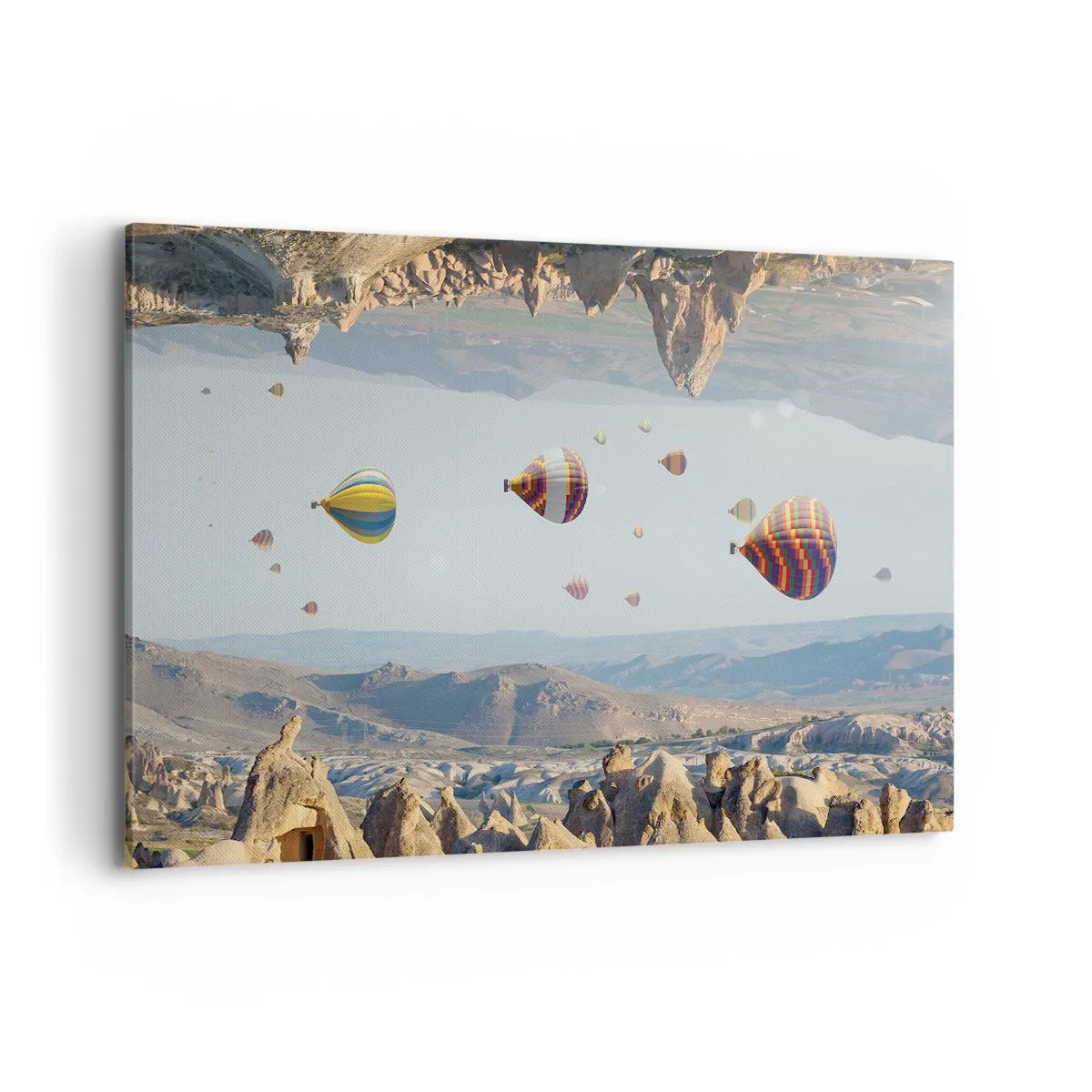 Bild auf Leinwand - Leinwandbild - Bunte Ballons über einer felsigen Landschaft - 120x80cm - Hier ist alles möglich - Moderne Wanddekoration für Wohnzimmer und Schlafzimmer ARTTOR