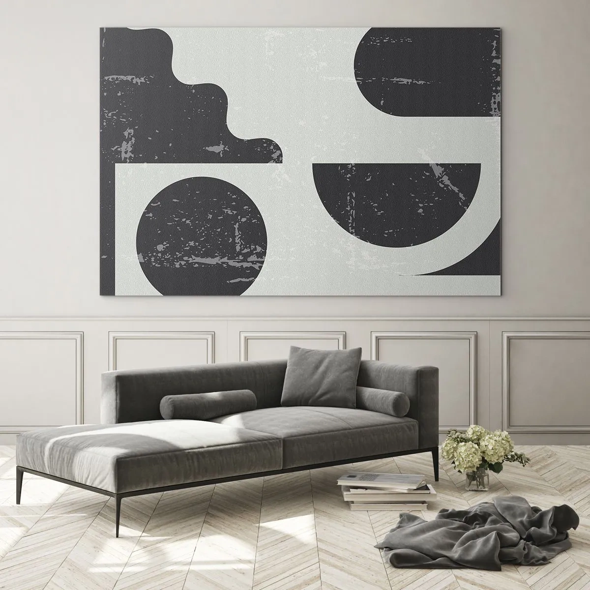 Glasbild - Bild auf glas - Abstrakte geometrische Grafiken mit Abschürfungen - 120x80cm - Komposition oben und unten - Moderne Wanddekoration für Wohnzimmer und Schlafzimmer ARTTOR