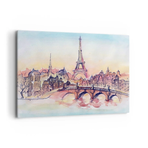 Bild auf Leinwand - Leinwandbild - Aquarellpanorama von Paris mit dem Eiffelturm bei Sonnenuntergang - 100x70cm - Die einzige Stadt dieser Art auf der Welt - Moderne Wanddekoration für Wohnzimmer und Schlafzimmer ARTTOR