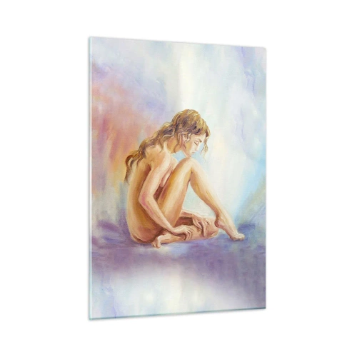 Glasbild - Bild auf glas - Eine Frau in subtiler Reflexion vor einem Hintergrund in Pastellfarben - 50x70cm - Akt der Jugend - Moderne Wanddekoration für Wohnzimmer und Schlafzimmer ARTTOR