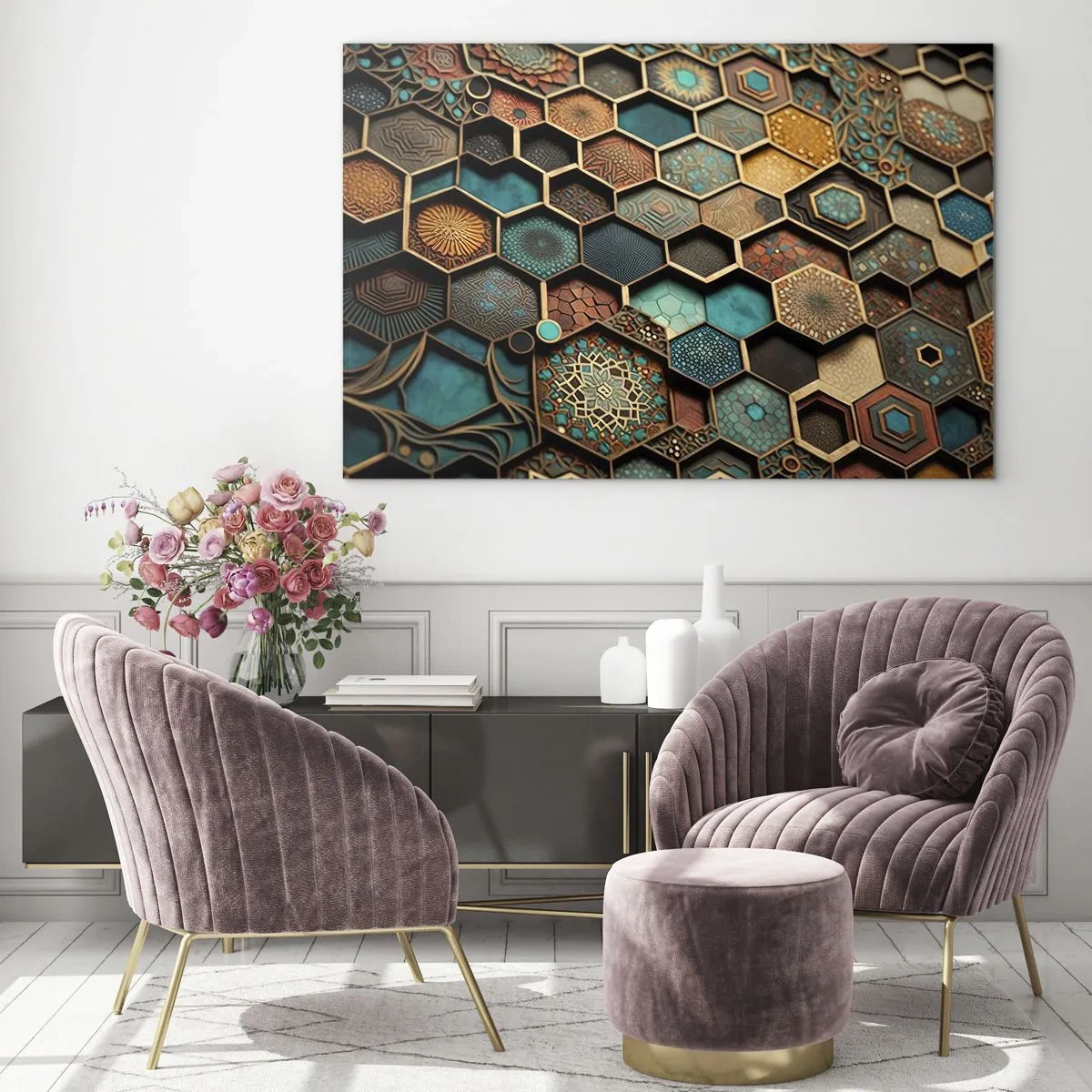 Glasbild - Bild auf glas - Mosaik mit geometrischen Mustern im orientalischen Stil - 120x80cm - Arabische Ornamente – Variation - Moderne Wanddekoration für Wohnzimmer und Schlafzimmer ARTTOR