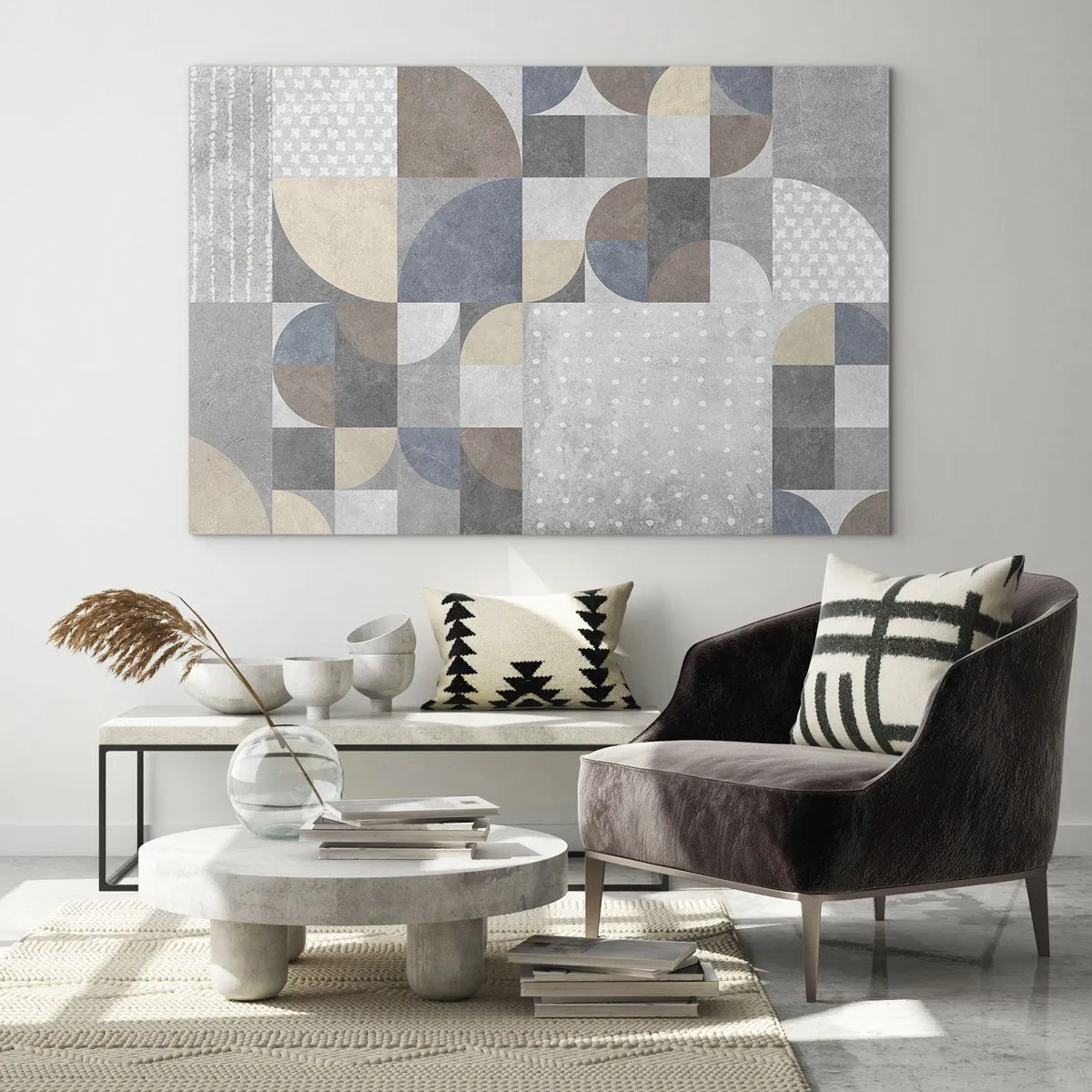 Glasbild - Bild auf glas - Abstrakte geometrische Komposition mit verschiedenen Formen und Grautönen. - 120x80cm - Keramische Fantasie - Moderne Wanddekoration für Wohnzimmer und Schlafzimmer ARTTOR