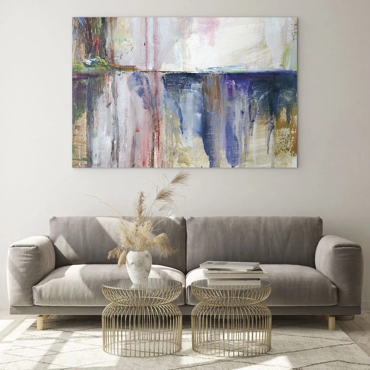 Glasbild - Bild auf glas - Eine farbenfrohe Abstraktion mit dynamischen Farbstreifen und Texturen. - 70x50cm - Bunte Eindrücke und Assoziationen - Moderne Wanddekoration für Wohnzimmer und Schlafzimmer ARTTOR