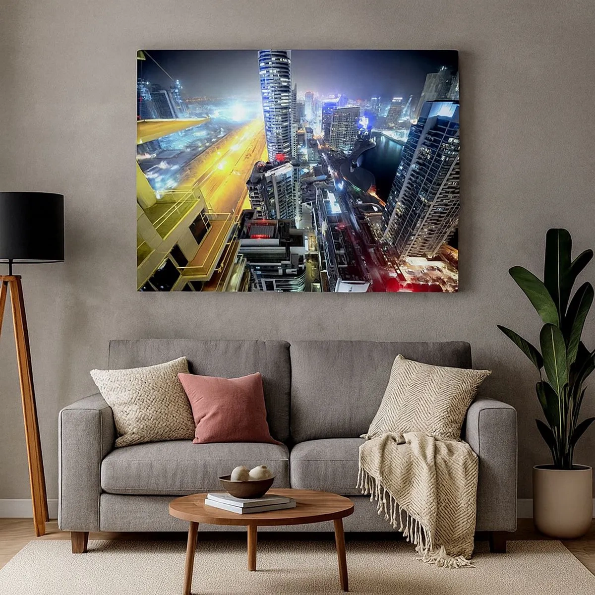 Bild auf Leinwand - Leinwandbild - Panorama der nächtlichen Stadt mit beleuchteten Wolkenkratzern - 70x50cm - Ein Wunder in der Wüste - Moderne Wanddekoration für Wohnzimmer und Schlafzimmer ARTTOR