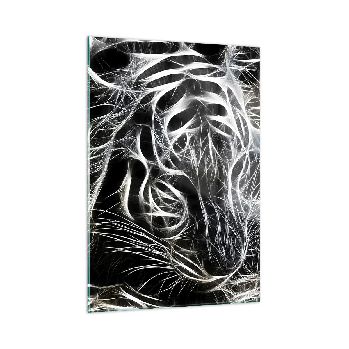 Glasbild - Bild auf glas - Abstrakter Tiger in leuchtenden Linien auf schwarzem Hintergrund - 50x70cm - Eine Studie über die Leichtigkeit der Katze - Moderne Wanddekoration für Wohnzimmer und Schlafzimmer ARTTOR
