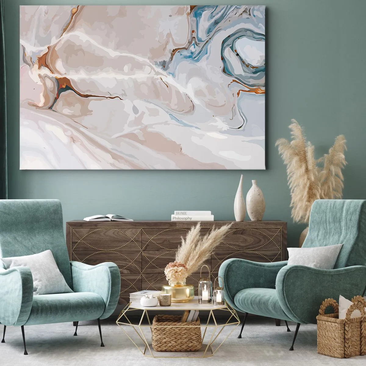 Bild auf Leinwand - Leinwandbild - Abstraktes Muster in Weiß- und Blautönen - 70x50cm - Blau schlängelt sich unter dem Weiß - Moderne Wanddekoration für Wohnzimmer und Schlafzimmer ARTTOR