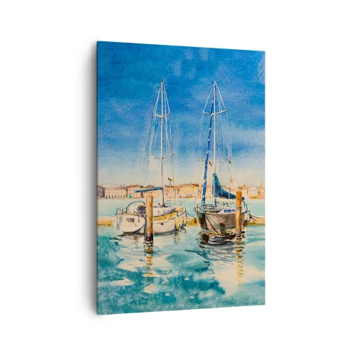 Bild auf Leinwand - Leinwandbild - Yachthafen mit Booten vor der Kulisse einer blauen Lagune - 70x100cm - Sonnige Lagune - Moderne Wanddekoration für Wohnzimmer und Schlafzimmer ARTTOR