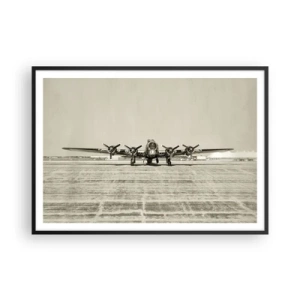 Poster in einem schwarzem Rahmen - Historisches Flugzeug auf dem Flughafen in Sepia - 100x70cm - Wie immer bereit - Moderne Wanddekoration für Wohnzimmer und Schlafzimmer ARTTOR