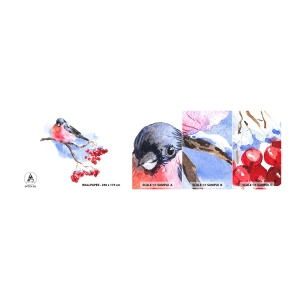 Fototapeten Muster Selbstklebend Deluxe Sticker - Winter in Farbe - Vogel auf einem Ast, Rote Eberesche, Grafik - 100x30 cm