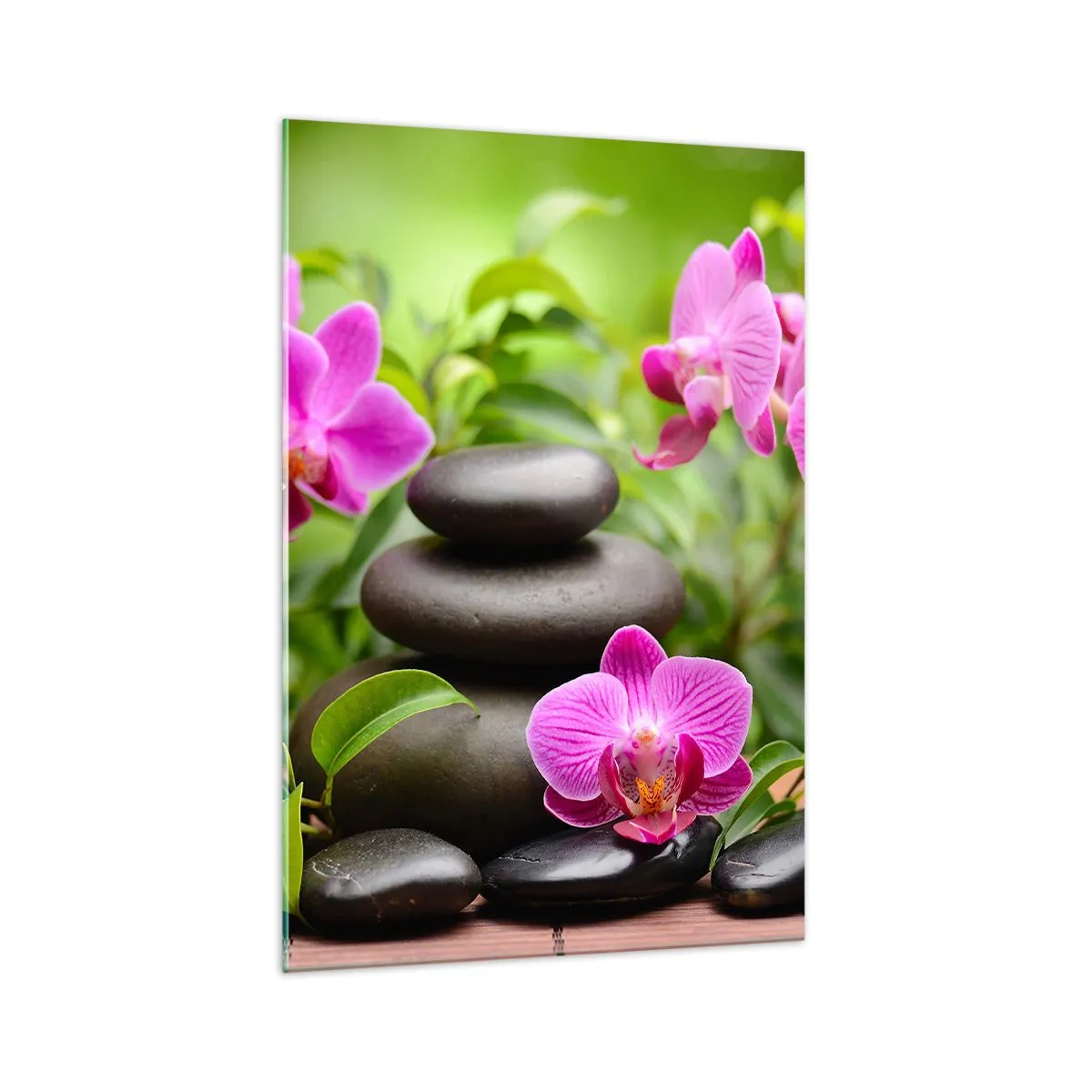 Glasbild - Bild auf glas - Rosa Orchideen mit Steinen auf grünem Hintergrund - 70x100cm - Die Pyramide des Friedens - Moderne Wanddekoration für Wohnzimmer und Schlafzimmer ARTTOR