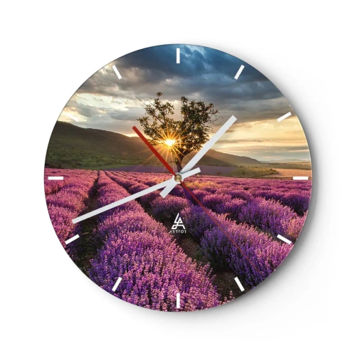 Wanduhr - Glasuhr - Ein Lavendelfeld bei Sonnenuntergang mit einem einsamen Baum - 30x30cm - Fliederfarbenes Aroma - Moderne Wanddekoration für Wohnzimmer, Küche und Schlafzimmer ARTTOR