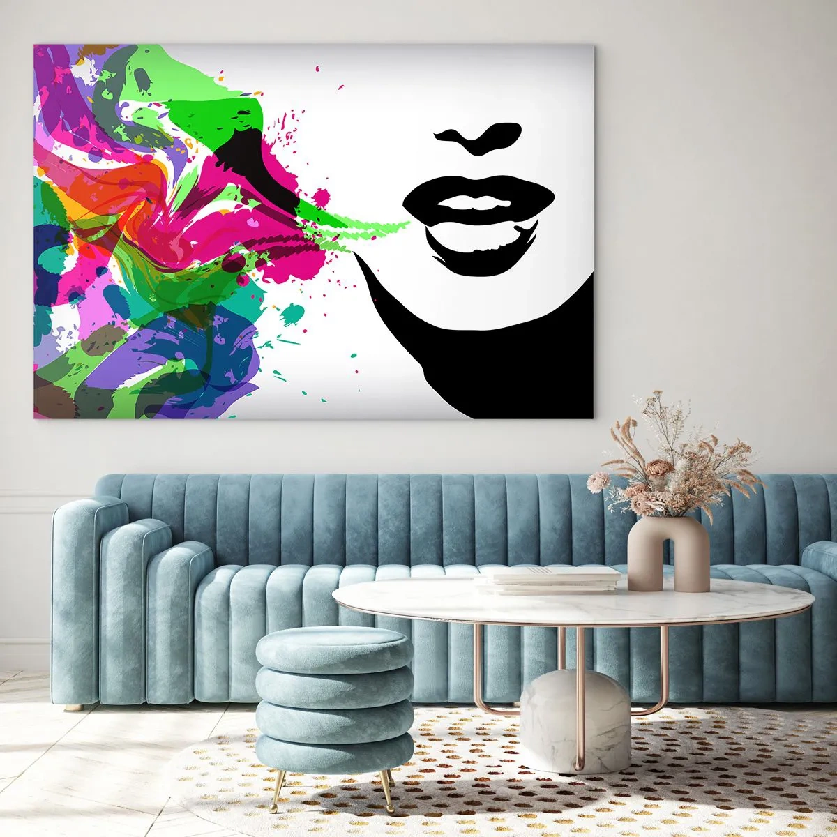 Glasbild - Bild auf glas - Eine farbenfrohe Abstraktion mit einem weiblichen Profil und Farbtupfern. - 70x50cm - Eine Geschichte in den Farben des Regenbogens - Moderne Wanddekoration für Wohnzimmer und Schlafzimmer ARTTOR