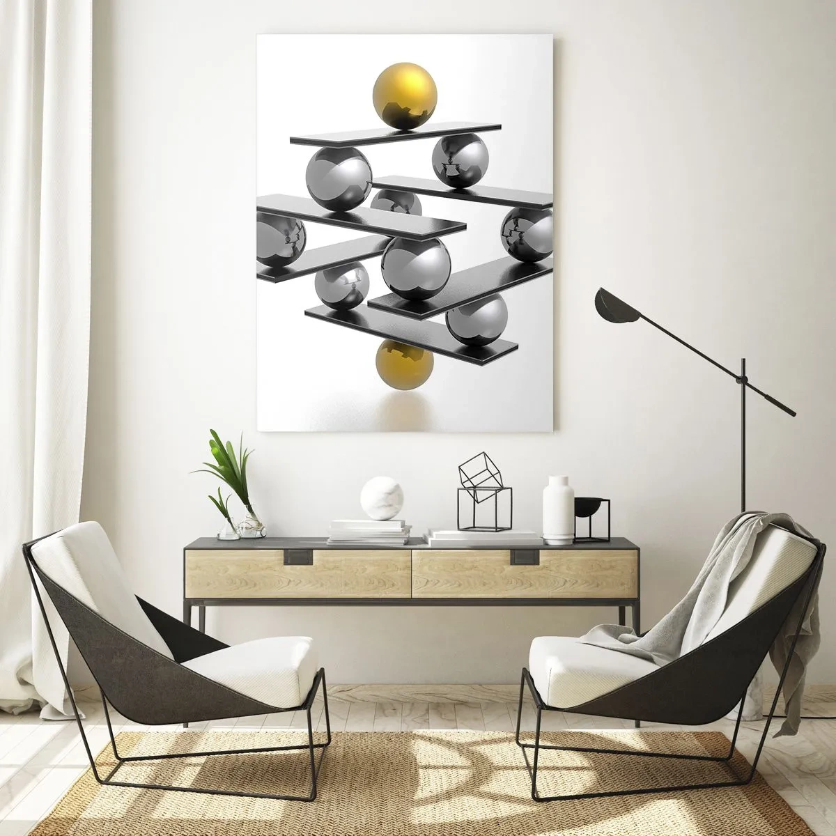 Glasbild - Bild auf glas - Geometrische Komposition mit Metallkugeln und einem goldenen Akzent - 80x120cm - Gold- und Silberbalance - Moderne Wanddekoration für Wohnzimmer und Schlafzimmer ARTTOR