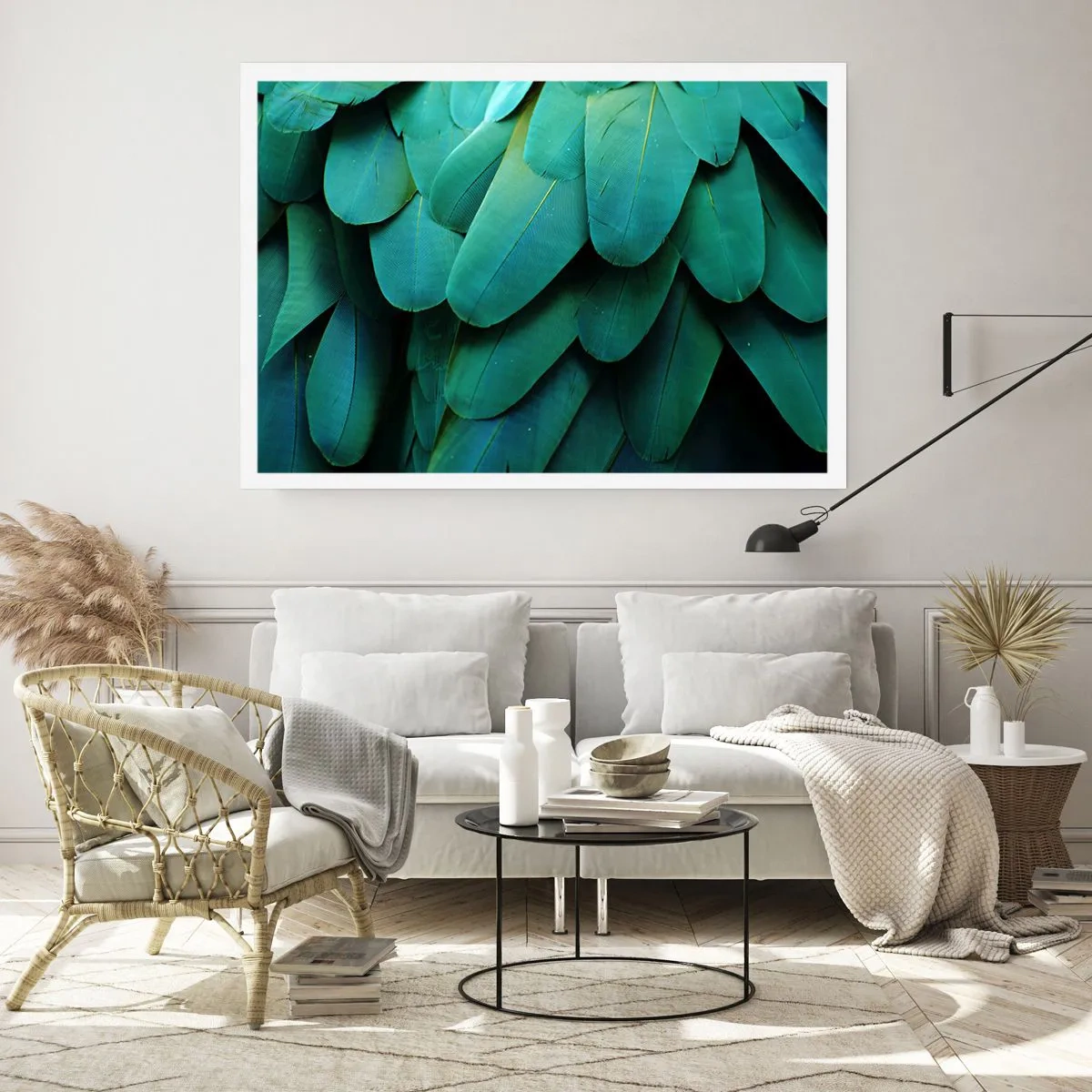 Poster - Federdetails in Grüntönen - 100x70cm - Papageienartige Präzision - Moderne Wanddekoration für Wohnzimmer und Schlafzimmer ARTTOR