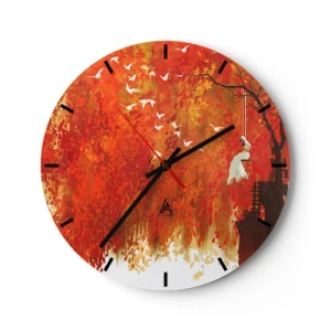 Wanduhr - Glasuhr - Herbstszene mit einer Schaukel, umgeben von goldenen Blättern und Vögeln - 30x30cm - Wird er mit ihnen fliegen? - Moderne Wanddekoration für Wohnzimmer, Küche und Schlafzimmer ARTTOR