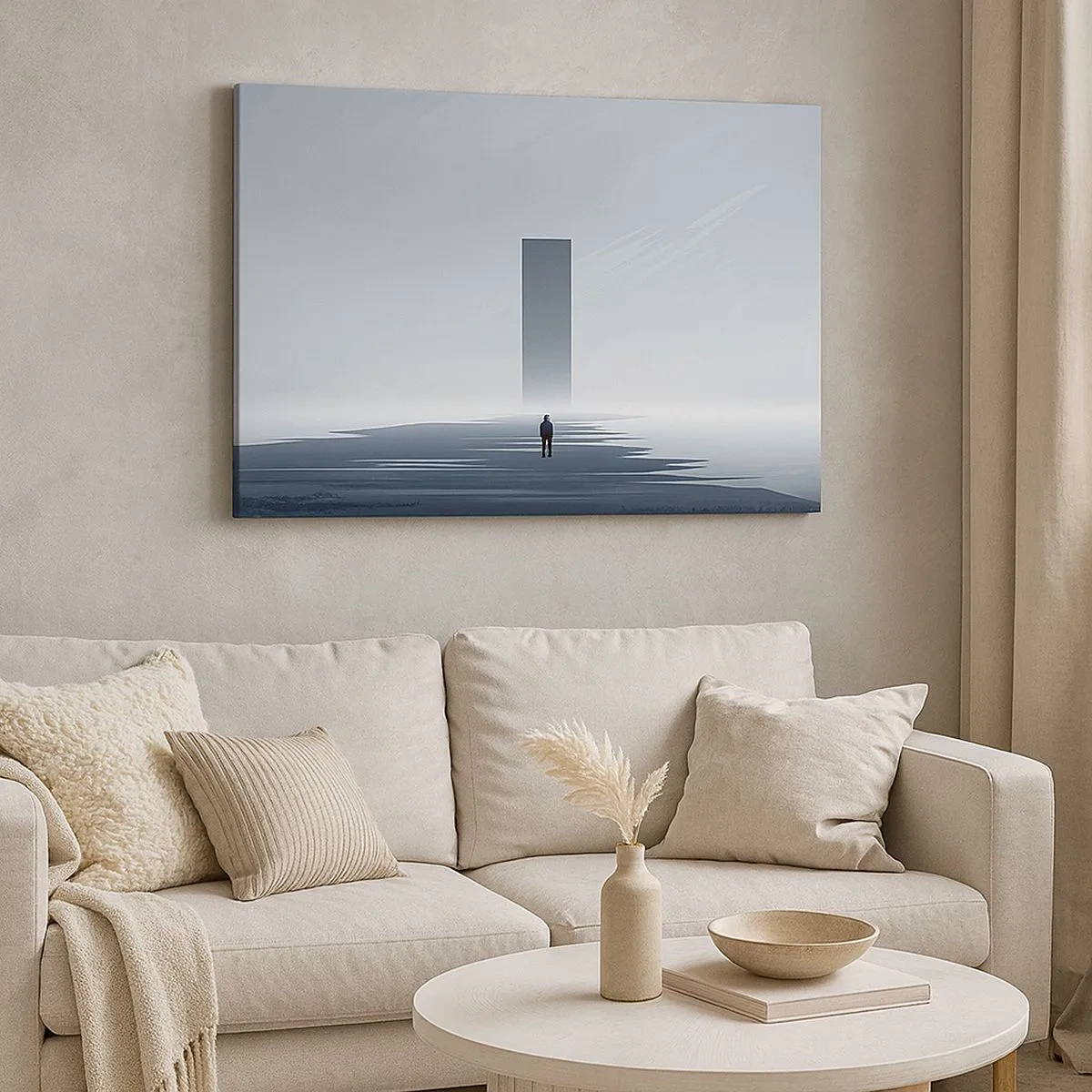 Bild auf Leinwand - Leinwandbild - Eine minimalistische Landschaft mit einer Silhouette neben einem rechteckigen Monolithen - 70x50cm - Chance oder Bedrohung? - Moderne Wanddekoration für Wohnzimmer und Schlafzimmer ARTTOR