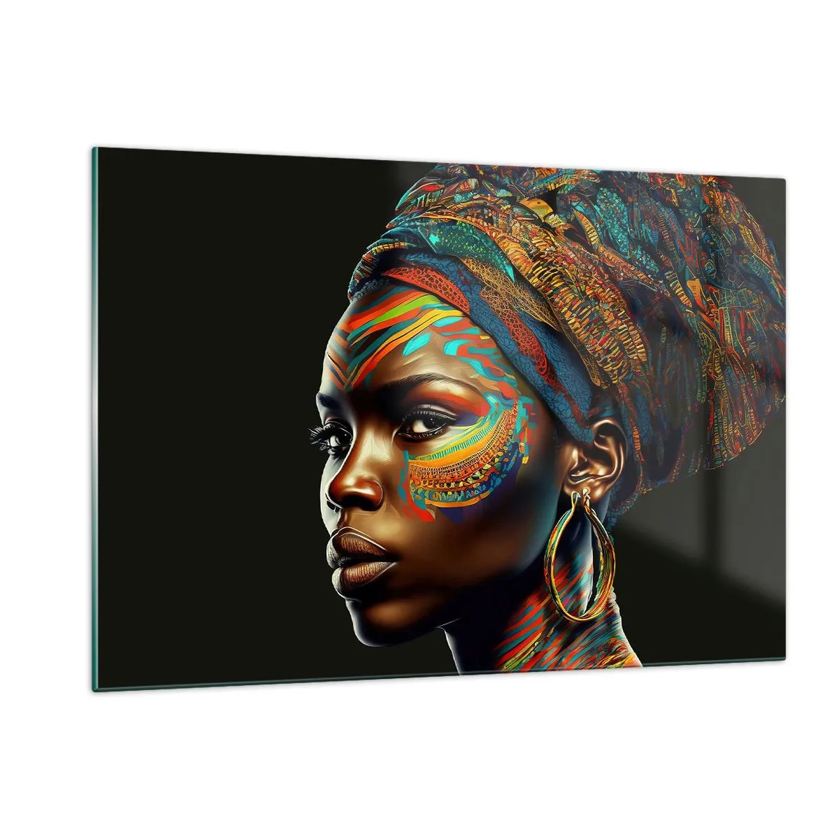 Glasbild - Bild auf glas - Porträt einer Frau mit farbenfroher Malerei und Turban - 120x80cm - Afrikanische Königin - Moderne Wanddekoration für Wohnzimmer und Schlafzimmer ARTTOR