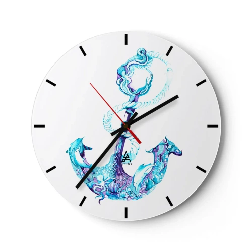 Wanduhr - Glasuhr - Zeichnung eines Ankers in nautischen Farben mit zarten Mustern - 30x30cm - Der Vertraute der Geheimnisse des Meeres - Moderne Wanddekoration für Wohnzimmer, Küche und Schlafzimmer ARTTOR