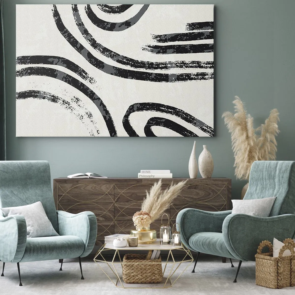 Bild auf Leinwand - Leinwandbild - Schwarz-weiße abstrakte Linien auf hellem Hintergrund - 120x80cm - Bei Hälfte angehalten - Moderne Wanddekoration für Wohnzimmer und Schlafzimmer ARTTOR
