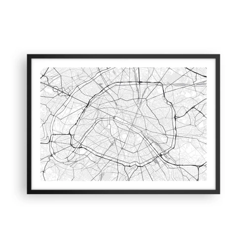Poster in einem schwarzem Rahmen - Minimalistischer Stadtplan in Schwarz-Weiß - 70x50cm - Pariser Blume - Moderne Wanddekoration für Wohnzimmer und Schlafzimmer ARTTOR