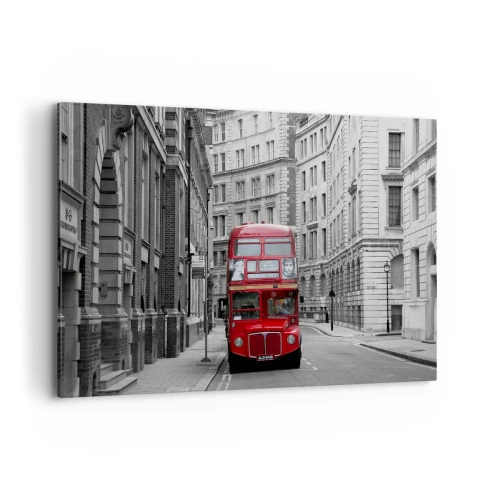 Bild auf Leinwand - Leinwandbild - Ein roter Bus vor einem Hintergrund aus schwarz-weißen Stadtgebäuden. - 120x80cm - Der Alltag muss nicht grau sein - Moderne Wanddekoration für Wohnzimmer und Schlafzimmer ARTTOR