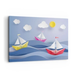 Bild auf Leinwand - Leinwandbild - Bunte Segelboote auf den Wellen an einem sonnigen Tag - 100x70cm - Ach, wie schön ist es, in den Wellen zu schwingen - Moderne Wanddekoration für Wohnzimmer und Schlafzimmer ARTTOR