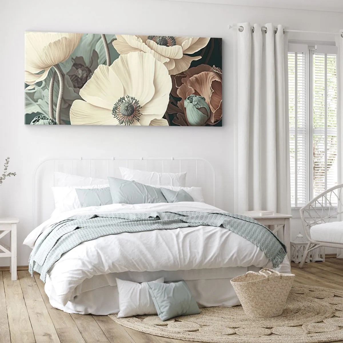 Bild auf Leinwand - Leinwandbild - Elegante Blumen in Pastelltönen auf grünem Hintergrund - 120x50cm - Flüstern von Mohnblumen - Moderne Wanddekoration für Wohnzimmer und Schlafzimmer ARTTOR