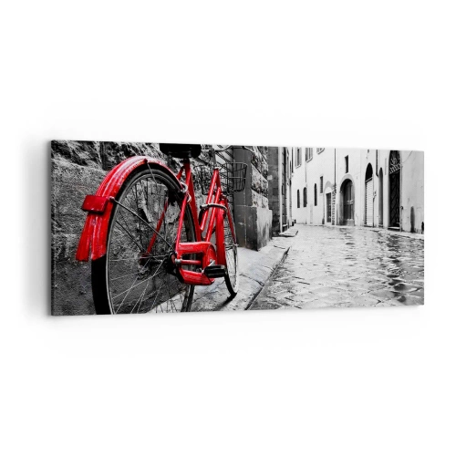 Bild auf Leinwand - Leinwandbild - Rotes Fahrrad in einer schwarz-weißen Straße - 120x50cm - Wahre Schönheit wird nicht alt - Moderne Wanddekoration für Wohnzimmer und Schlafzimmer ARTTOR