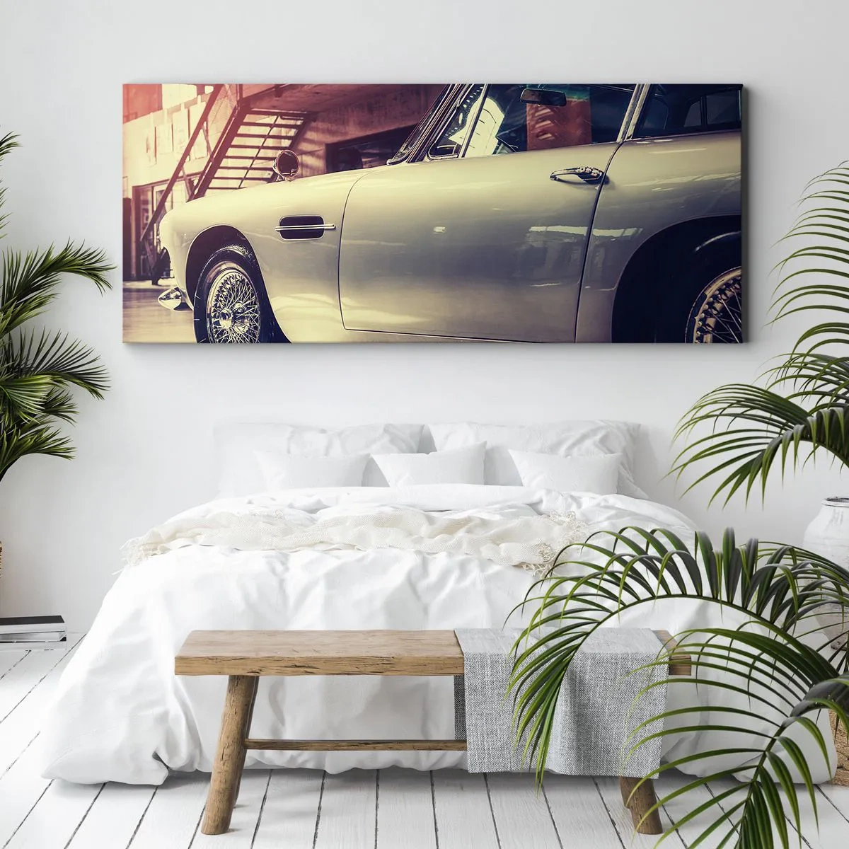 Bild auf Leinwand - Leinwandbild - Ein Oldtimer in einer stilvollen Garage mit industriellem Interieur - 160x50cm - Die Klassiker werden nicht alt - Moderne Wanddekoration für Wohnzimmer und Schlafzimmer ARTTOR