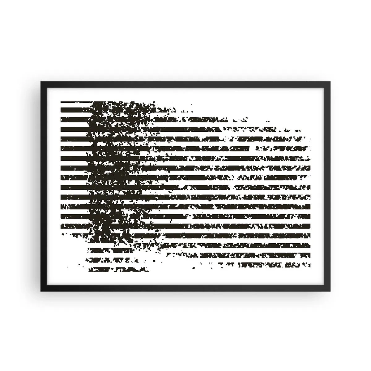 Poster in einem schwarzem Rahmen - Abstrakte Linien mit Distressed-Effekt in Schwarz und Weiß - 70x50cm - Rhythmus und Rauschen - Moderne Wanddekoration für Wohnzimmer und Schlafzimmer ARTTOR