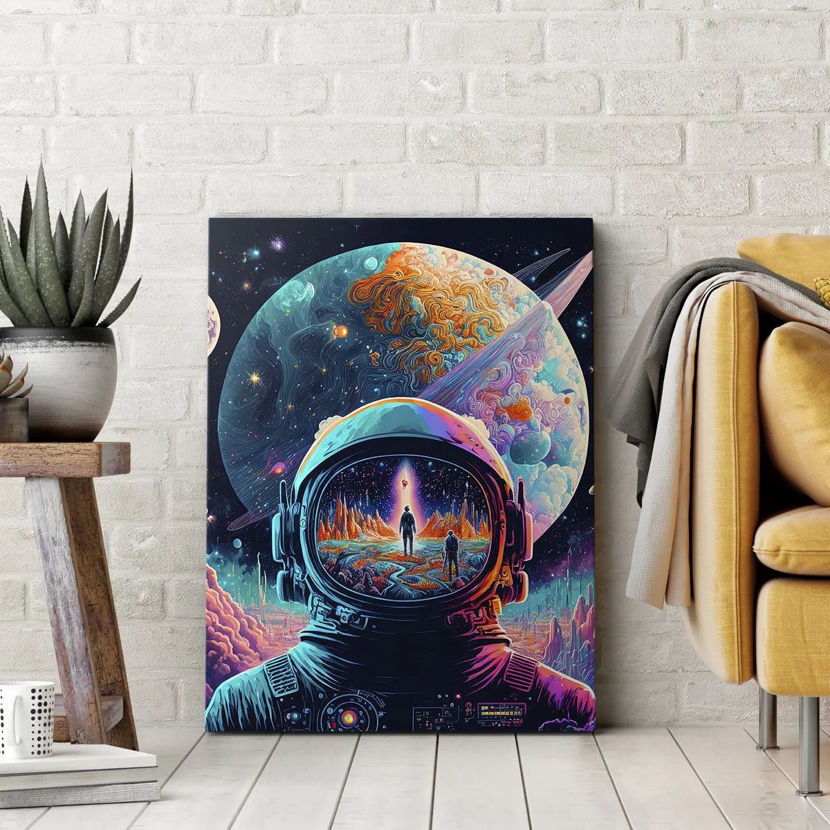 Bild auf Leinwand - Leinwandbild - Astronaut im Weltraum mit einer farbenfrohen Planetenlandschaft - 50x70cm - Philosophen haben nicht davon geträumt - Moderne Wanddekoration für Wohnzimmer und Schlafzimmer ARTTOR