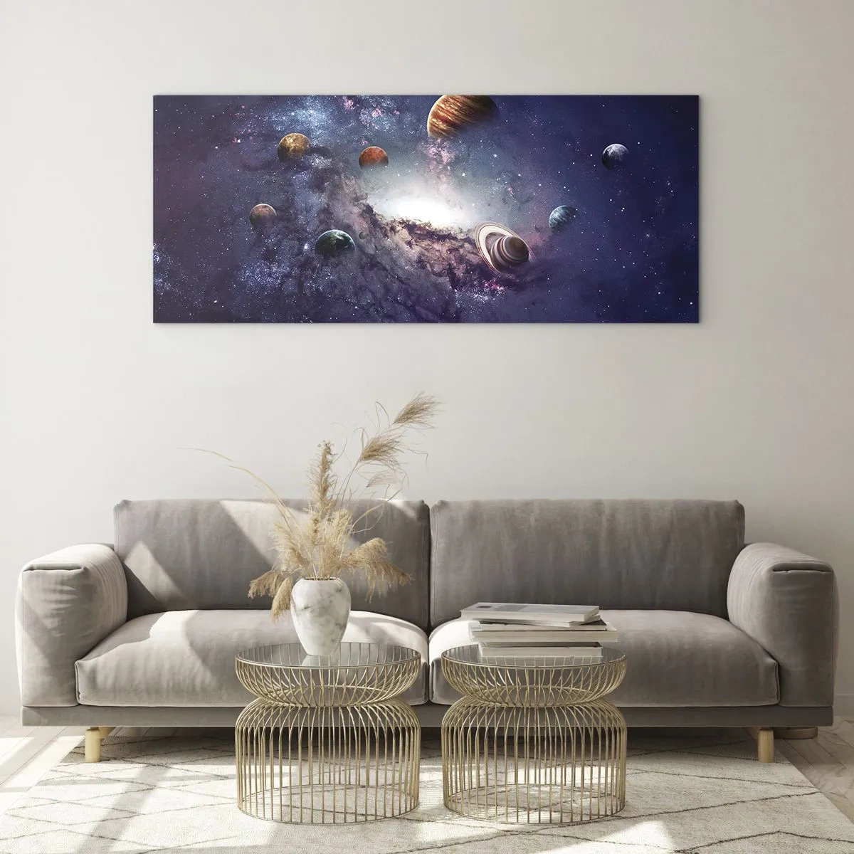 Glasbild - Bild auf glas - Planeten in einer Galaxie mit einem Nebel im Hintergrund - 120x50cm - Solar-Tanz-System - Moderne Wanddekoration für Wohnzimmer und Schlafzimmer ARTTOR