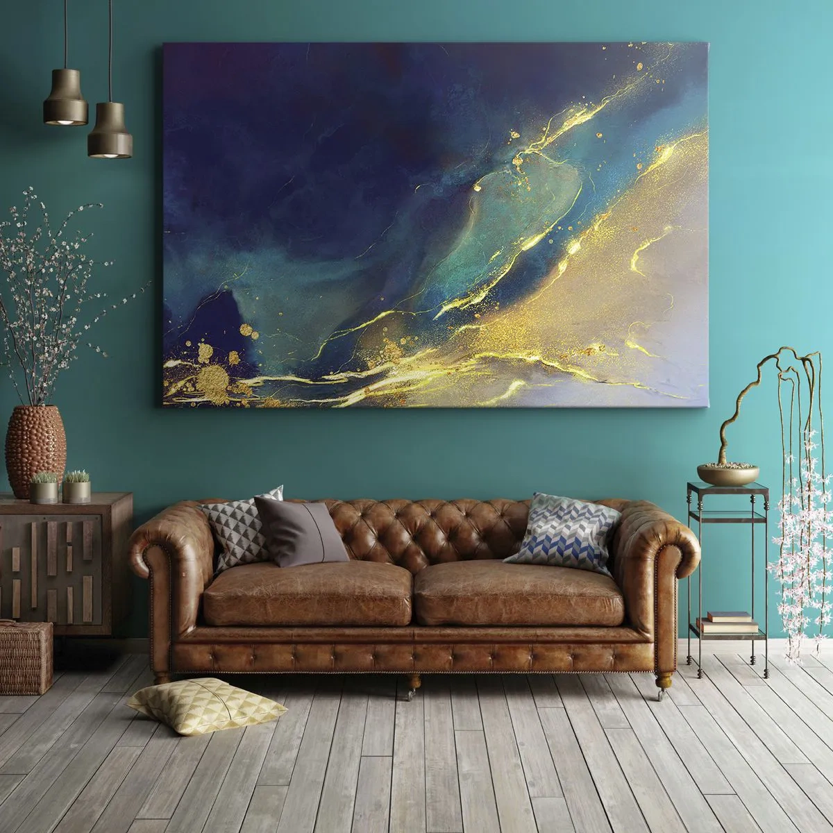 Bild auf Leinwand - Leinwandbild - Abstrakte Komposition in Blau- und Goldtönen auf Leinwand - 120x80cm - Der goldene Teich - Moderne Wanddekoration für Wohnzimmer und Schlafzimmer ARTTOR