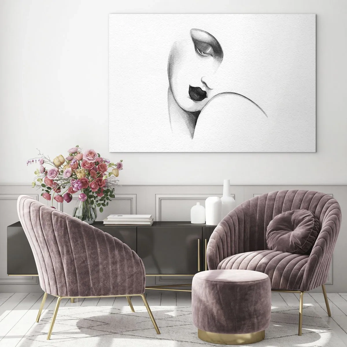 Glasbild - Bild auf glas - Art-Deco-Skizze eines Frauengesichts in Schwarzweiß - 70x50cm - Im Stil von Łempicka - Moderne Wanddekoration für Wohnzimmer und Schlafzimmer ARTTOR