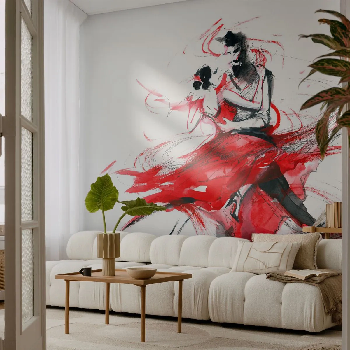 Fototapete Premium Canvas - Tänzer in einem dynamischen Tanz mit roten Akzenten - 100x70cm - Tango – der Rhythmus der Leidenschaft - Moderne Wanddekoration für Wohnzimmer und Schlafzimmer ARTTOR