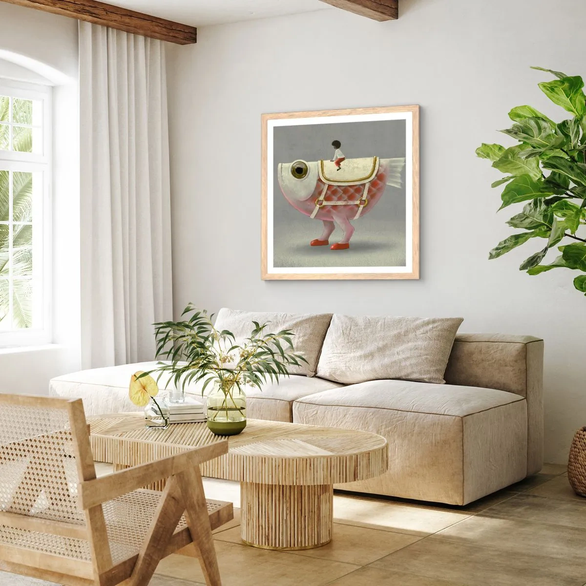 Poster in einem Rahmen aus heller Eiche - Reiter auf einem surrealen Fisch - 50x50 cm
