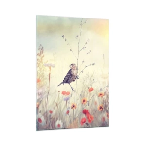 Glasbild - Bild auf glas - Ein Vogel auf einer Blumenwiese im Sonnenschein - 50x70cm - Vogelporträt mit einer Wiese im Hintergrund - Moderne Wanddekoration für Wohnzimmer und Schlafzimmer ARTTOR