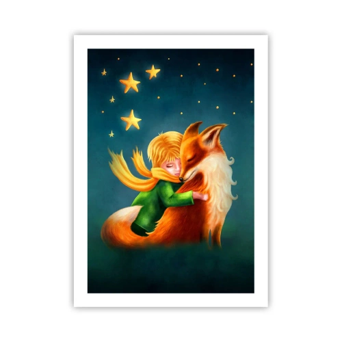 Poster - Eine Figur mit einem Fuchs in einer zauberhaften Sternenkulisse - 50x70cm - Kleiner Prinz - Moderne Wanddekoration für Wohnzimmer und Schlafzimmer ARTTOR
