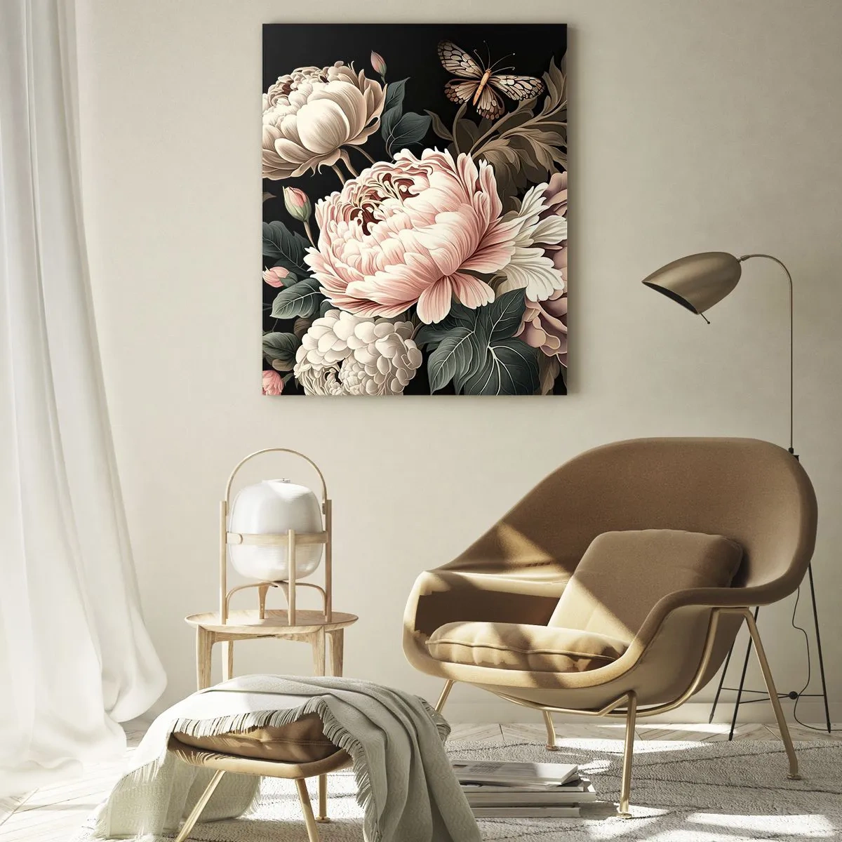 Glasbild - Bild auf glas - Blumenkomposition mit Schmetterlingen auf schwarzem Hintergrund - 50x70cm - Im Barockstil - Moderne Wanddekoration für Wohnzimmer und Schlafzimmer ARTTOR