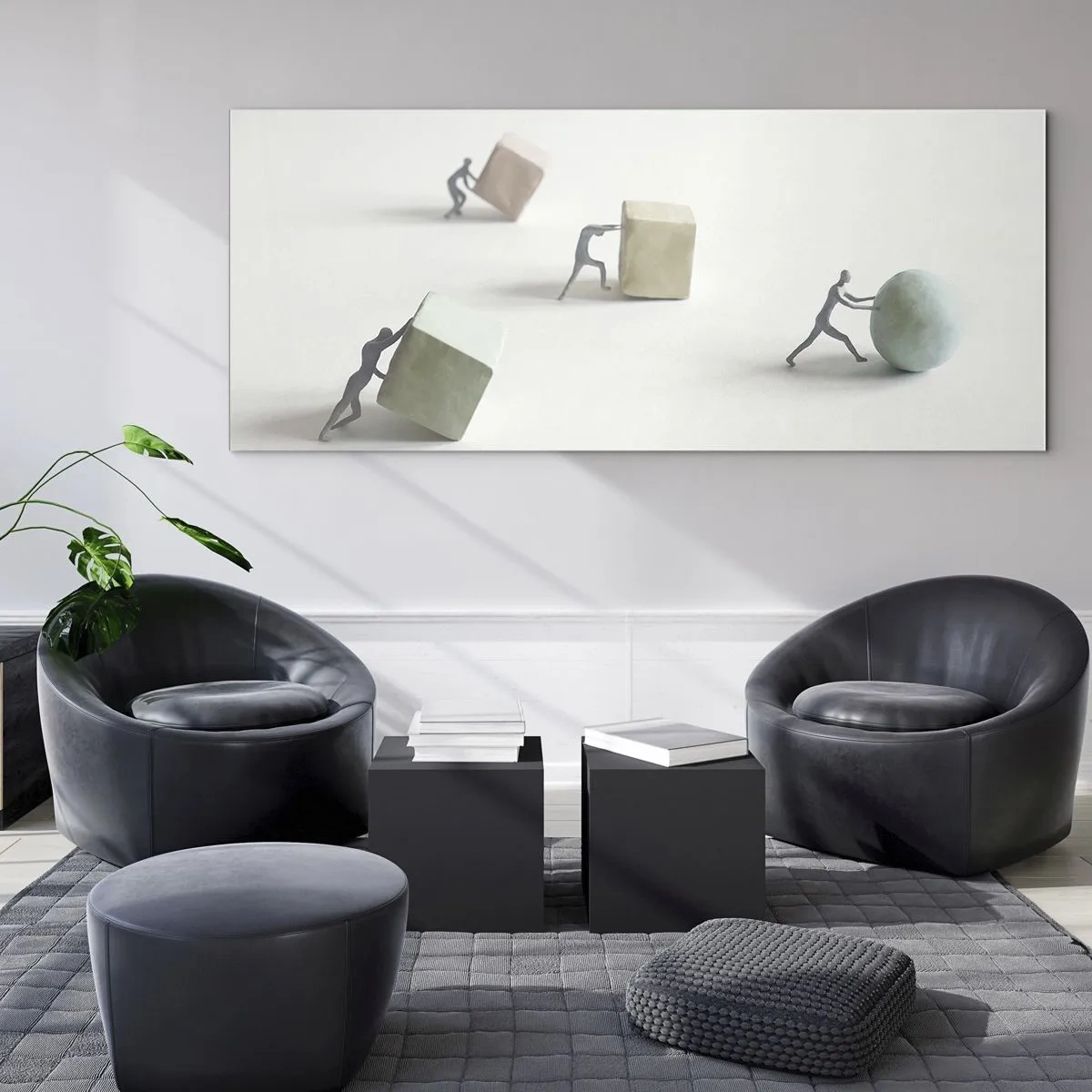 Glasbild - Bild auf glas - Miniaturfiguren, die Formen vor einem hellen Hintergrund schieben - 140x50cm - Pures Leben - Moderne Wanddekoration für Wohnzimmer und Schlafzimmer ARTTOR