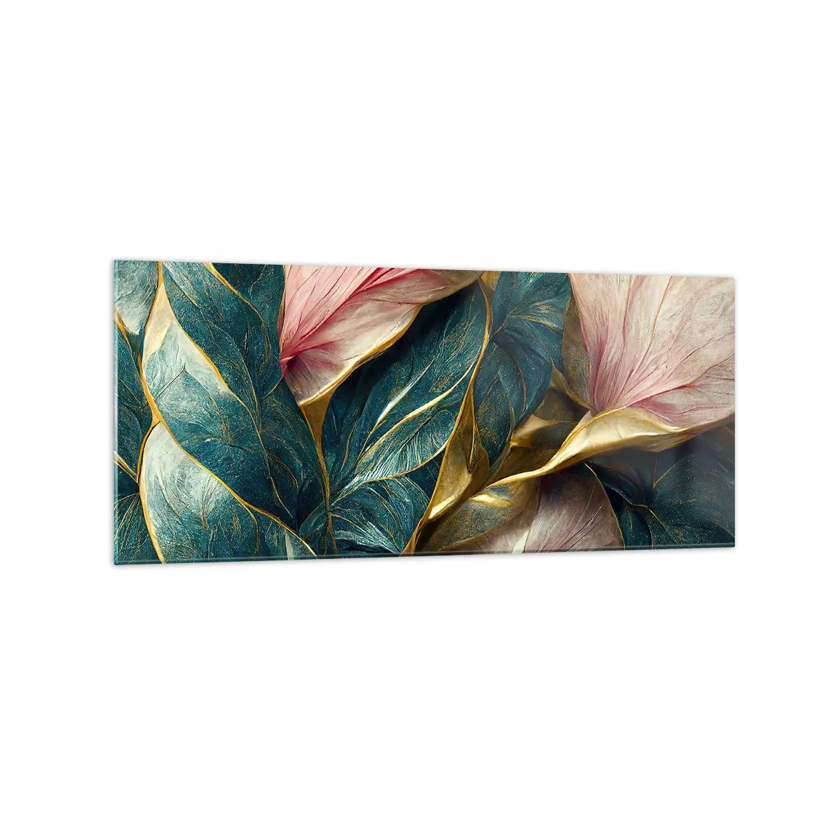 Glasbild - Bild auf glas - Elegante Blätter in Grün, Gold und Pink - 120x50cm - Natürliche Eleganz und Stil - Moderne Wanddekoration für Wohnzimmer und Schlafzimmer ARTTOR