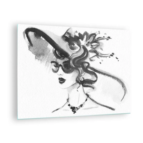 Glasbild - Bild auf glas - Schwarz-Weiß-Porträt einer Frau mit Hut - 70x50cm - Eine Dame mit Charakter - Moderne Wanddekoration für Wohnzimmer und Schlafzimmer ARTTOR