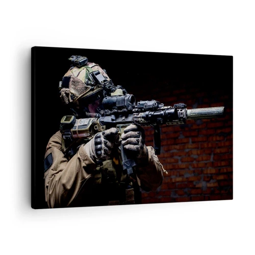 Bild auf Leinwand - Leinwandbild - Ein Soldat in voller Montur mit einem Gewehr - 70x50cm - Tödlich wirksam - Moderne Wanddekoration für Wohnzimmer und Schlafzimmer ARTTOR