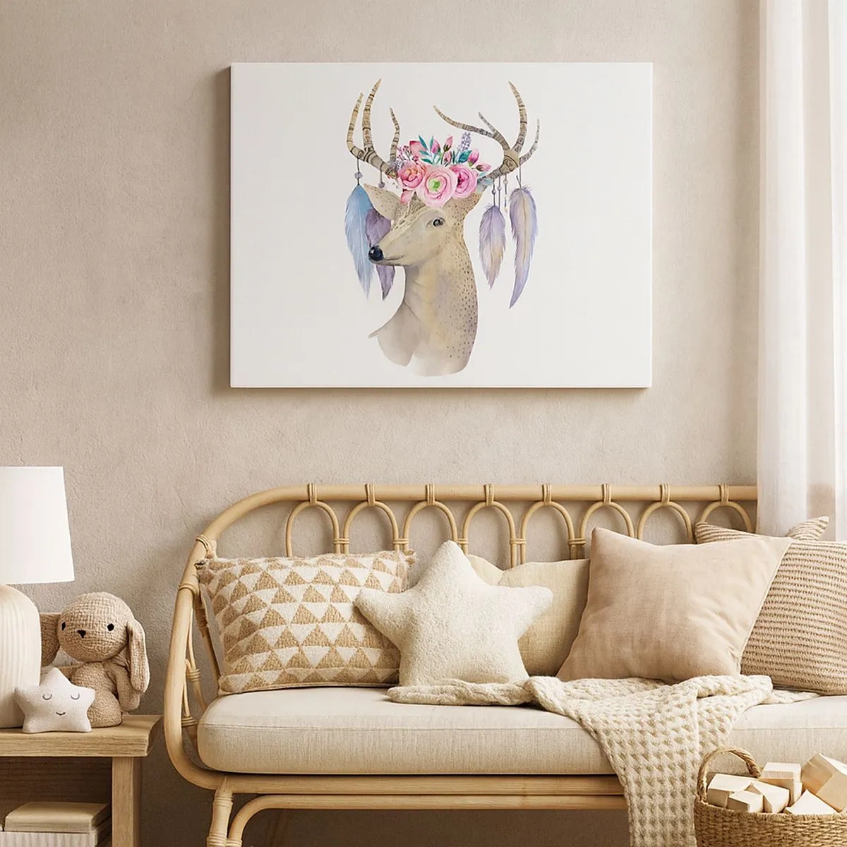 Bild auf Leinwand - Leinwandbild - Romantische Hirschgrafik mit Blumen und Federn - 70x50cm - Seelenführer - sanft, unschuldig - Moderne Wanddekoration für Wohnzimmer und Schlafzimmer ARTTOR