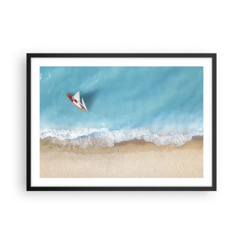 Poster in einem schwarzem Rahmen - Eine Vogelperspektive auf ein Boot am Strand - 70x50cm - An der Grenze von Blau und Gold - Moderne Wanddekoration für Wohnzimmer und Schlafzimmer ARTTOR
