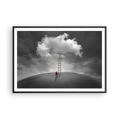 Poster in einem schwarzem Rahmen - Eine Person in einem roten Mantel und eine Leiter, die zu einer Wolke führt - 100x70cm - Alles ist möglich - Moderne Wanddekoration für Wohnzimmer und Schlafzimmer ARTTOR