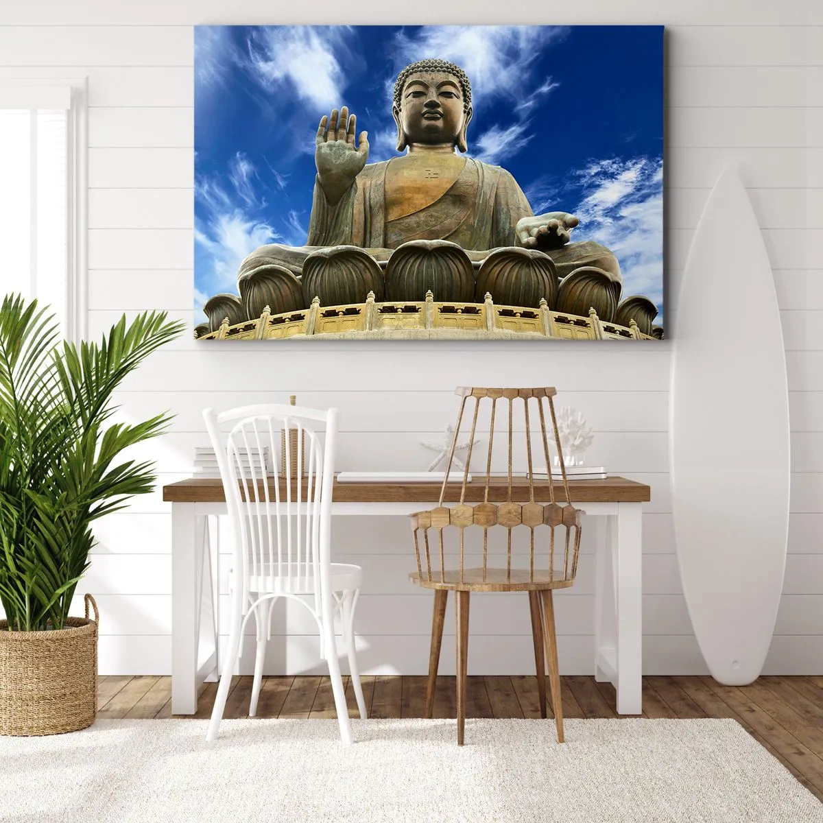 Bild auf Leinwand - Leinwandbild - Eine monumentale Buddha-Statue vor einem blauen Himmel mit Wolken - 70x50cm - Leben ohne Angst - Moderne Wanddekoration für Wohnzimmer und Schlafzimmer ARTTOR